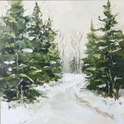 Custom Winter Scene Painting - Forest Road Snow Landscape Art with White Textured Painting and Green Pine Trees, Large Textured Wall Art for Christmas and Holiday Decoration | Dafen Oil Painting Village Studio