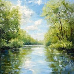 Original Green Landscape Oil Painting – Abstract Lake Scene with Blue Sky for Farmhouse and Living Room Walls