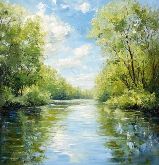 Original Green Landscape Oil Painting – Abstract Lake Scene with Blue Sky for Farmhouse and Living Room Walls