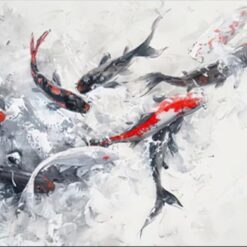 Black and White Oil Painting with Red Koi Fish – Elegant Japanese Style Canvas Art for Living Room and Bedroom Walls