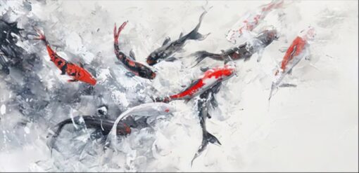 Black and White Oil Painting with Red Koi Fish – Elegant Japanese Style Canvas Art for Living Room and Bedroom Walls