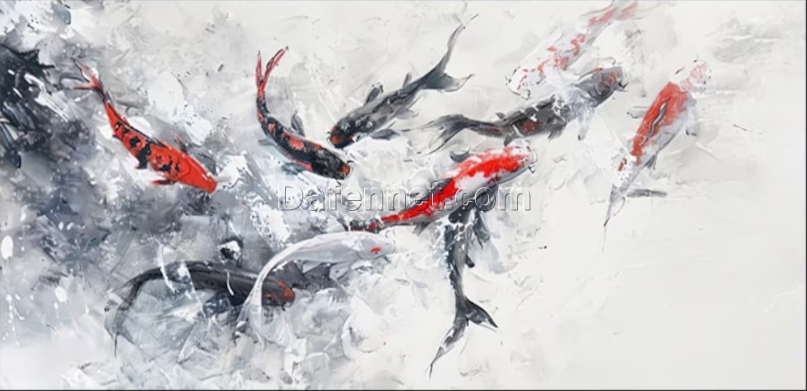 Black and White Oil Painting with Red Koi Fish – Elegant Japanese Style Canvas Art for Living Room and Bedroom Walls