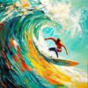 Abstract Palette Knife Oil Painting – Golden Waves with Surfer for Living Room and Dining Room Décor