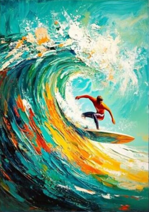 Abstract Palette Knife Oil Painting – Golden Waves with Surfer for Living Room and Dining Room Décor