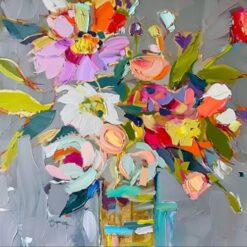 Abstract Floral Oil Painting – Vibrant Multicolor Flowers in Vase for Living Room and Dining Room Décor