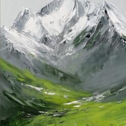 Hand-Painted Abstract Snow Mountain Oil Painting – Green Meadow Minimalist Wall Art for Living Room Décor