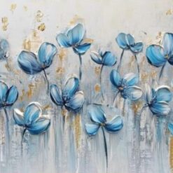 Hand-Painted Blue Flower Oil Painting with Gold Accents – Textured Modern Minimalist Art for Living Room and Entryway