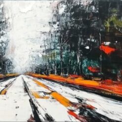 Hand-Painted Abstract Road and Forest Oil Painting – Minimalist Modern Wall Art for Living Room and Entryway