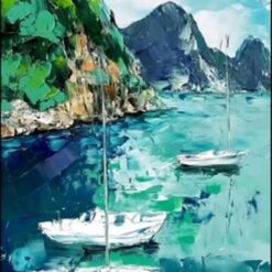 Landscape Oil Painting – Turquoise Lake, Green Mountains, and White Boat for Living Room Décor