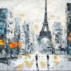Eiffel Tower Cityscape Oil Painting – Morning Textures and Layered Abstract Art for Stylish Entryway