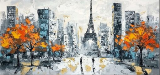 Peinture à l'huile du paysage urbain de la Tour Eiffel - Textures matinales et art abstrait stratifié pour une entrée élégante.