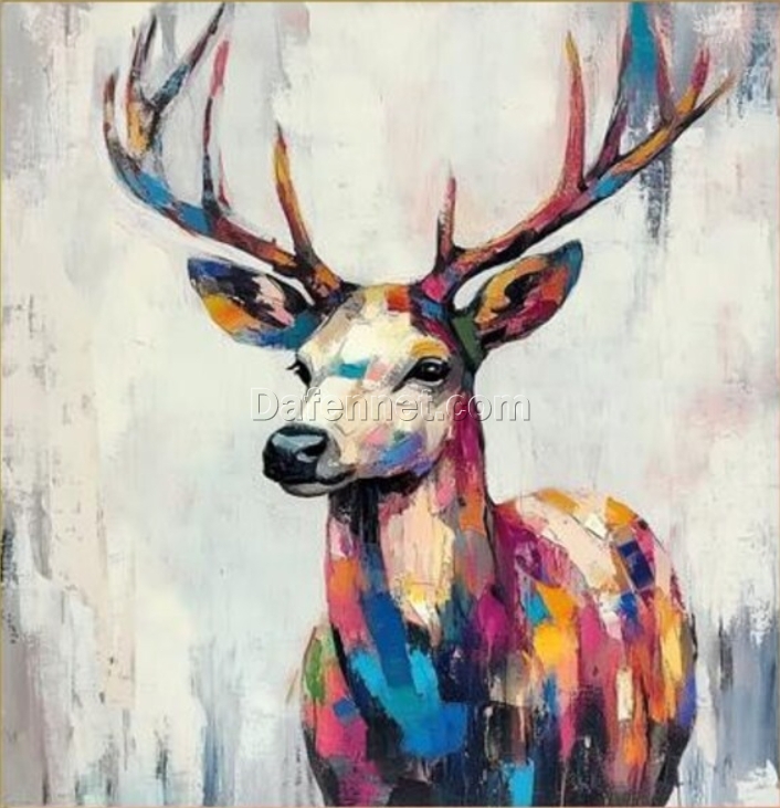 Hand-Painted Abstract Deer Oil Painting – Colorful Animal Art for Modern Living Room and Dining Room Décor