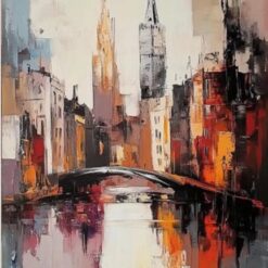 Hand-Painted Abstract Cityscape Oil Painting – Textured Urban Landscape Art for Modern Entryway and Dining Room