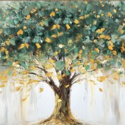 Hand-Painted Abstract Green Money Tree Oil Painting – Gold Accents for Luxury Living Room and Entryway Décor
