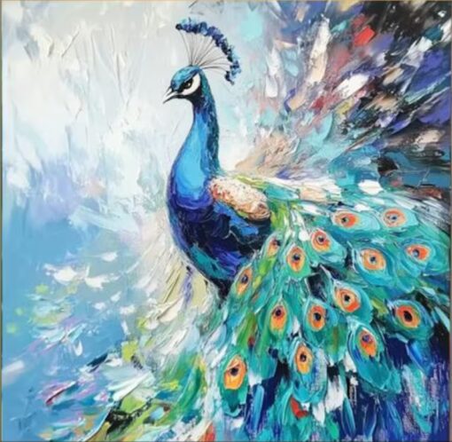 Impressionist Peacock Oil Painting – Colorful Feather Display with Textured Art for Modern Living Room and Entryway