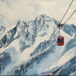Abstract Snowy Mountain Oil Painting with Cable Car – Gray Background Textured Palette Knife Art for Living Room and Entryway
