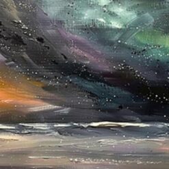 Colorful Aurora Abstract Oil Painting – Gray-Green Landscape with Textured Palette Knife Art for Contemporary Living Room