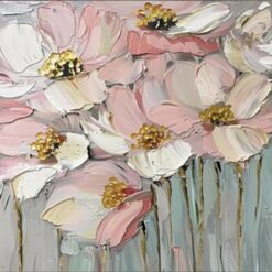 Abstract Floral Oil Painting – Pink Flowers with Gold Stamens for Living Room and Dining Room Wall Décor
