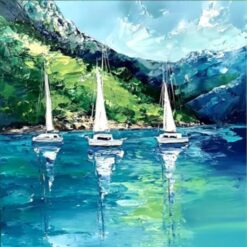 Hand-Painted Abstract Oil Painting – Green Mountains and White Boat on Blue-Green Water for Living Room Décor