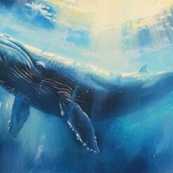 Abstract Blue Whale Oil Painting – Sunlit Ocean with Textured Art for Stylish Living Room and Entryway