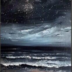 Abstract Starry Night Landscape Oil Painting – Textured Art on Dark Background for Stylish Living Room and Entryway
