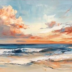 Abstract Sunset Beach Oil Painting – Waves and Seagulls with Textured Layers for Living Room and Dining Room Décor