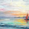 Blue Ocean and Sailboat Oil Painting – Abstract Sunrise Seascape with Textured Layers for Stylish Living Room and Entryway