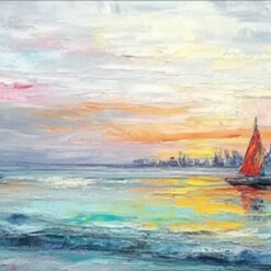 Blue Ocean and Sailboat Oil Painting – Abstract Sunrise Seascape with Textured Layers for Stylish Living Room and Entryway