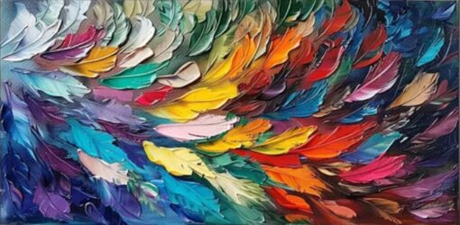 Vibrant Feather Oil Painting – Thick Textured Abstract Palette Knife Art for Living Room and Bedroom Walls