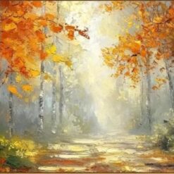 Vibrant Autumn Forest Oil Painting with Birch Trees – Textured Palette Knife Art for Stylish Living Room and Entryway