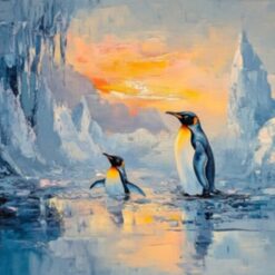Hand-Painted Abstract Penguin Oil Painting – Glowing Penguin on Glacier for Living Room and Dining Room Décor