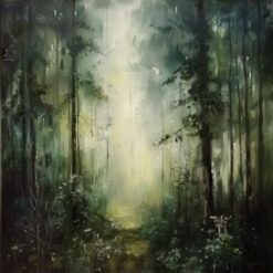 Abstract Foggy Forest Oil Painting – Deep Green Misty Landscape Art for Contemporary Living Room and Dining Room
