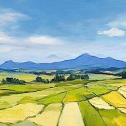Textured Abstract Landscape Oil Painting – Blue Sky, Harvest Fields, and Distant Mountains for Modern Living Room