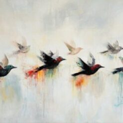 Hand-Painted Abstract Bird Oil Painting – Flying Birds in Japanese Minimalist Style for Living Room and Dining Room Décor