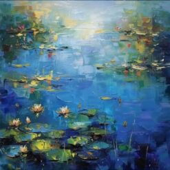 Blue Ocean and Lake Oil Painting – Abstract Water Lilies and Reflections for Stylish Living Room and Entryway Walls