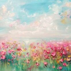 Textured Abstract Oil Painting – Pink Flower Field, Blue Sky, and White Clouds for Modern Living Room and Entryway