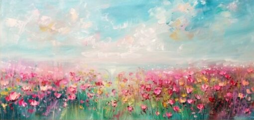 Textured Abstract Oil Painting – Pink Flower Field, Blue Sky, and White Clouds for Modern Living Room and Entryway