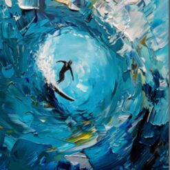 Abstract Surfer on Rolling Blue Waves – Textured Heavy Oil Painting for Contemporary Living Room and Entryway
