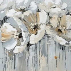 Abstract White Lotus Oil Painting – Blooming Lotus Flower with Textured Art for Living Room and Dining Room Décor