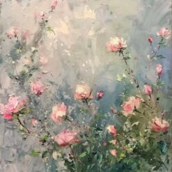 Small Pink Roses Oil Painting – Impressionist Floral Art on Gray-White Background for Stylish Living Room and Entryway