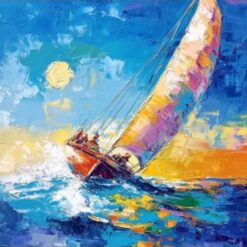 Textured Seascape Oil Painting – Sailboat on Blue Waves at Sunrise for Modern Living Room and Dining Room Walls
