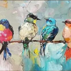 Abstract 3D Bird Oil Painting – Colorful Chirping Birds on Branches with Textured Sunlight for Modern Living Room and Entryway