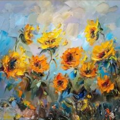 Textured Sunflower Oil Painting – Abstract Sunflowers on Blue-Gray Background for Modern Living Room and Dining Room Walls