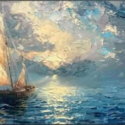 Abstract Sunrise Seascape Oil Painting – Moored Sailboat on Blue Ocean with Gray Background for Home Décor