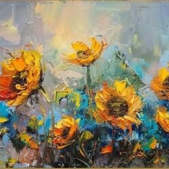 Vibrant Sunflower Canvas Art – Hand-Painted Sunflowers & Blue Sky with Intricate Texture for Modern Home Décor