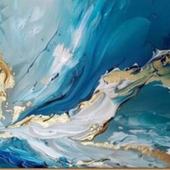 Modern Abstract Blue Oil Painting – Thick Textured Art with White & Gold Highlights for Home Décor