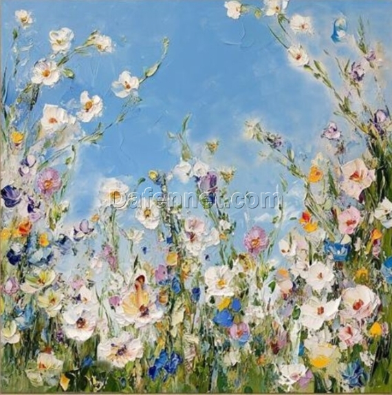 Fresh Floral Oil Painting – Hand-Painted Blooming Bouquet with Light Blue & White Sky for Contemporary Home Décor