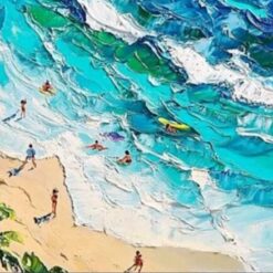 Hand-Painted Tropical Seaside Oil Painting with Swimmer – Stunning Ocean Art for Living Room