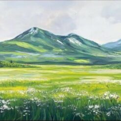 Dafen Village Original Scenic Oil Painting: Green Grass Field and Majestic Mountains – Perfect Wall Art for Entryway & Dining Room