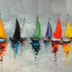 Unique Hand-Painted Abstract Seascape with Sailboats and Gray Sky – Perfect Wall Art for Living Room and Restaurant